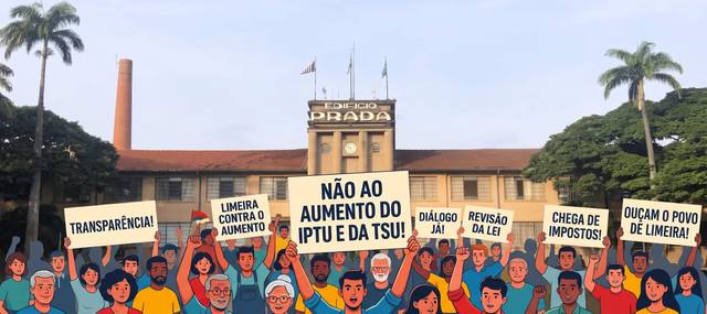 Moradores de Limeira em frente ao Edifício Prada com cartazes contra o aumento do IPTU e da TSU